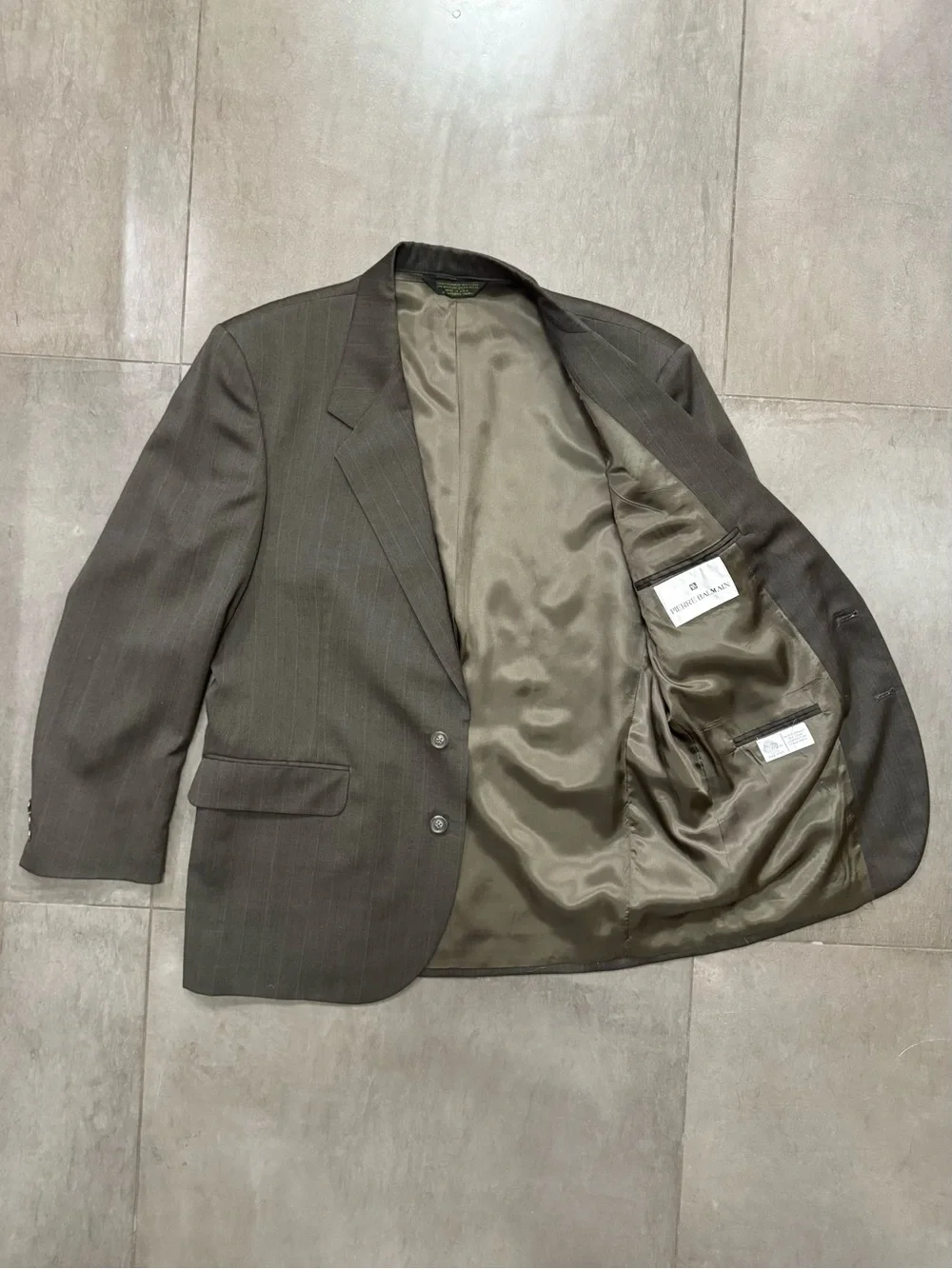 Vintage Pierre Balmain Wool Two-Piece Suit, Gray w/ Brown Pinstripes, Men’s M-L